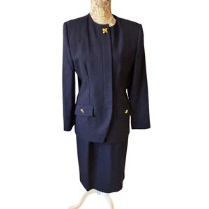 VINTAGE Navy Blue Blazer Skirt Suit Womens Size S/M Classic VALENTINE OUTFIT